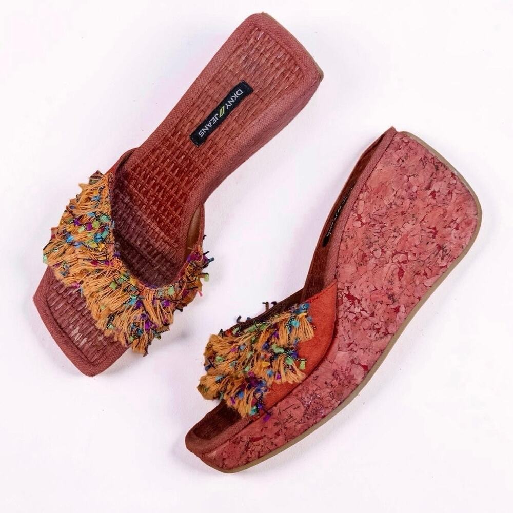 Vintage DKNY Jeans Red Cork Platform Fringe Slide Sandals Size 7.5